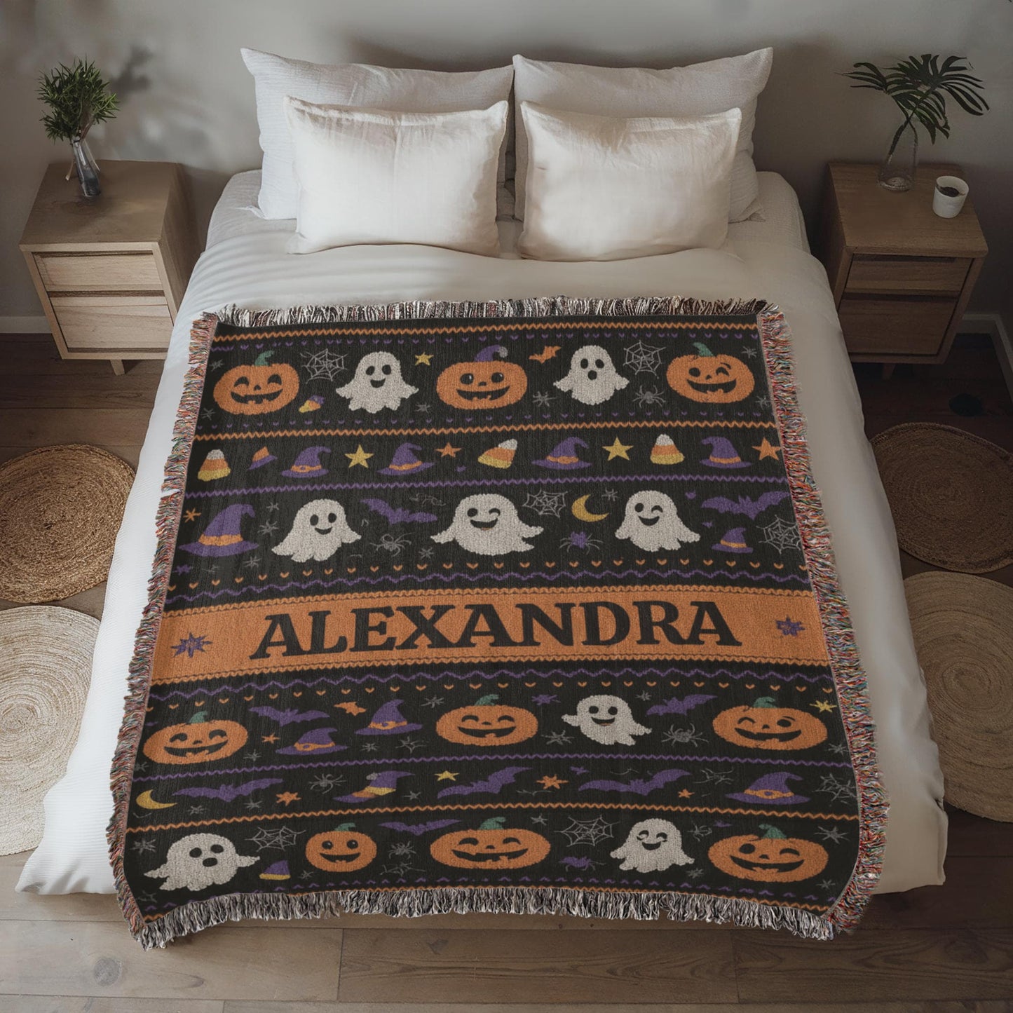 Spooky-Cute Personalized Ghost & Pumpkin Halloween Throw