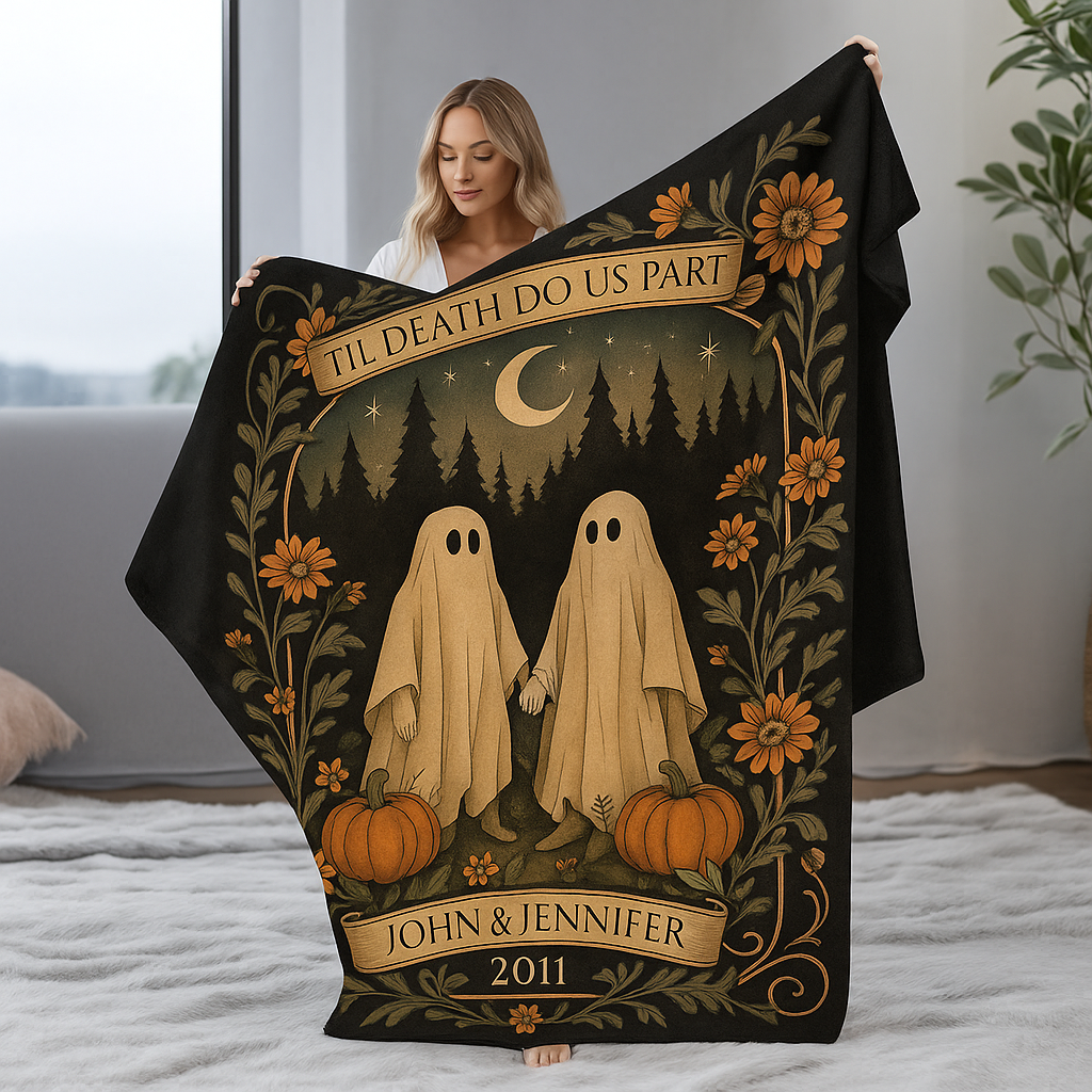 Ghost Lovers Blanket • Personalized Gothic Throw • Spooky Romantic Halloween Anniversary Gift