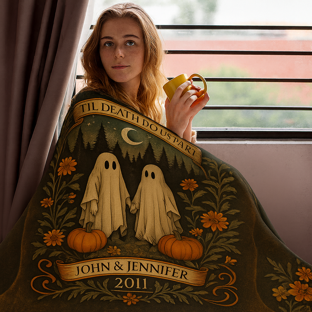 Ghost Lovers Blanket • Personalized Gothic Throw • Spooky Romantic Halloween Anniversary Gift