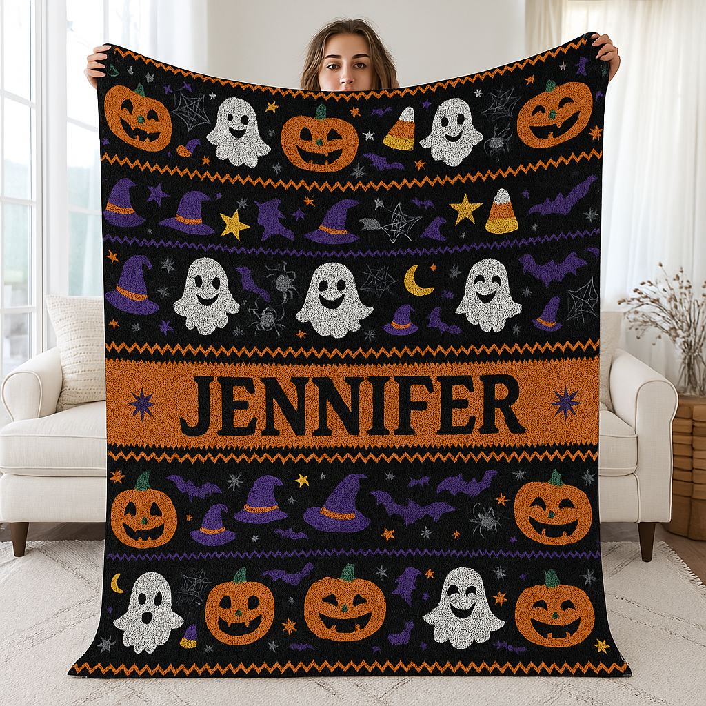 Spooky-Cute Personalized Ghost & Pumpkin Halloween Throw