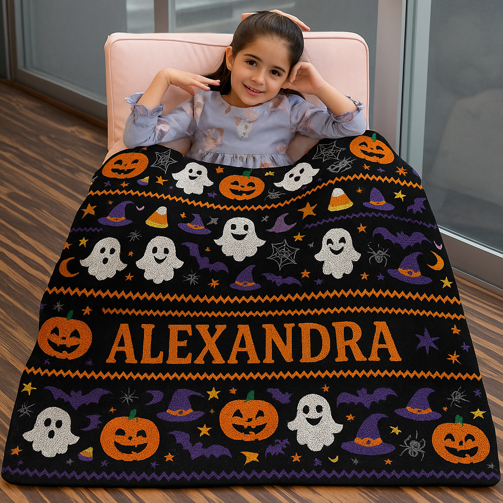 Spooky-Cute Personalized Ghost & Pumpkin Halloween Throw