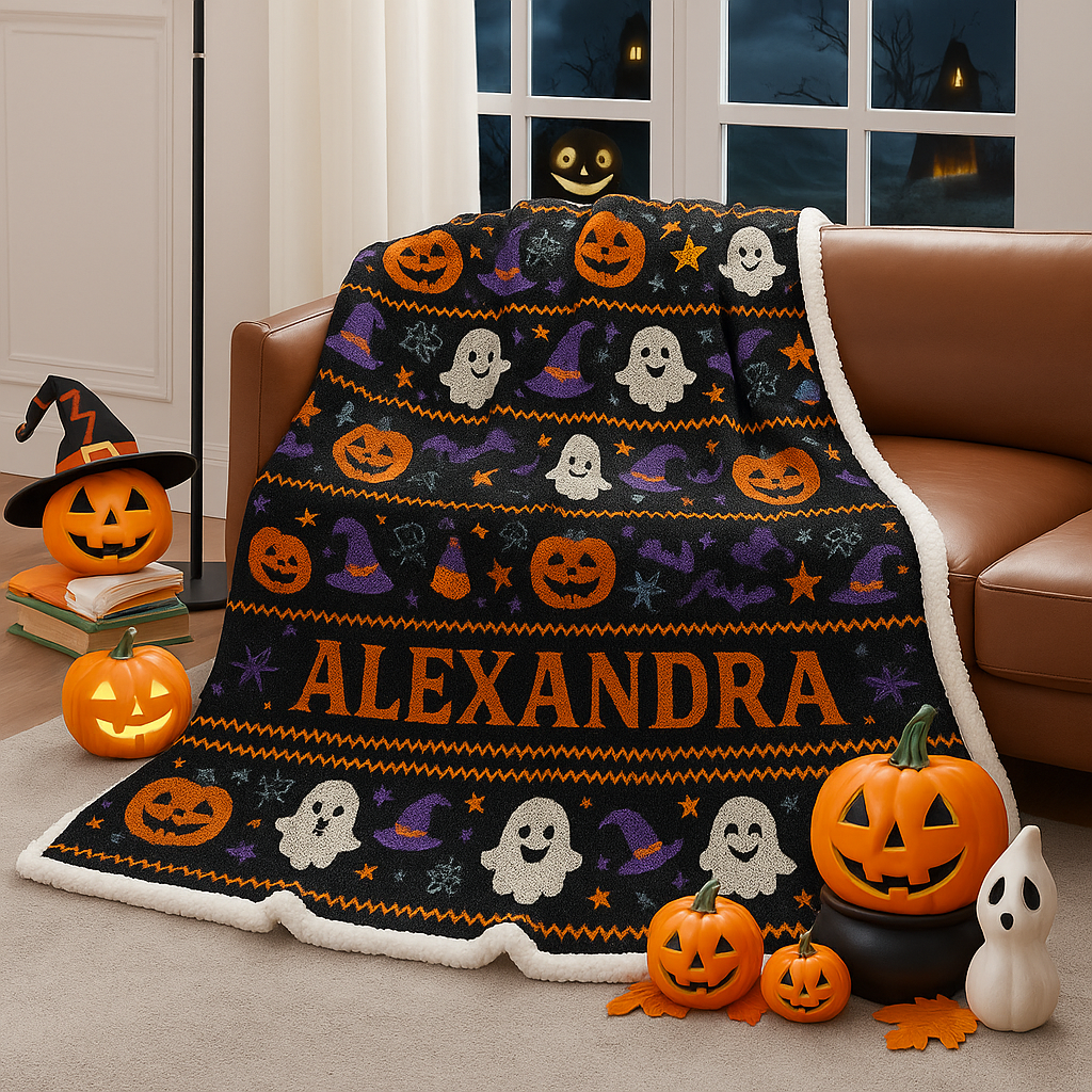 Spooky-Cute Personalized Ghost & Pumpkin Halloween Throw