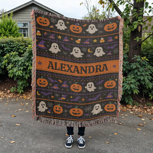 Spooky-Cute Personalized Ghost & Pumpkin Halloween Throw