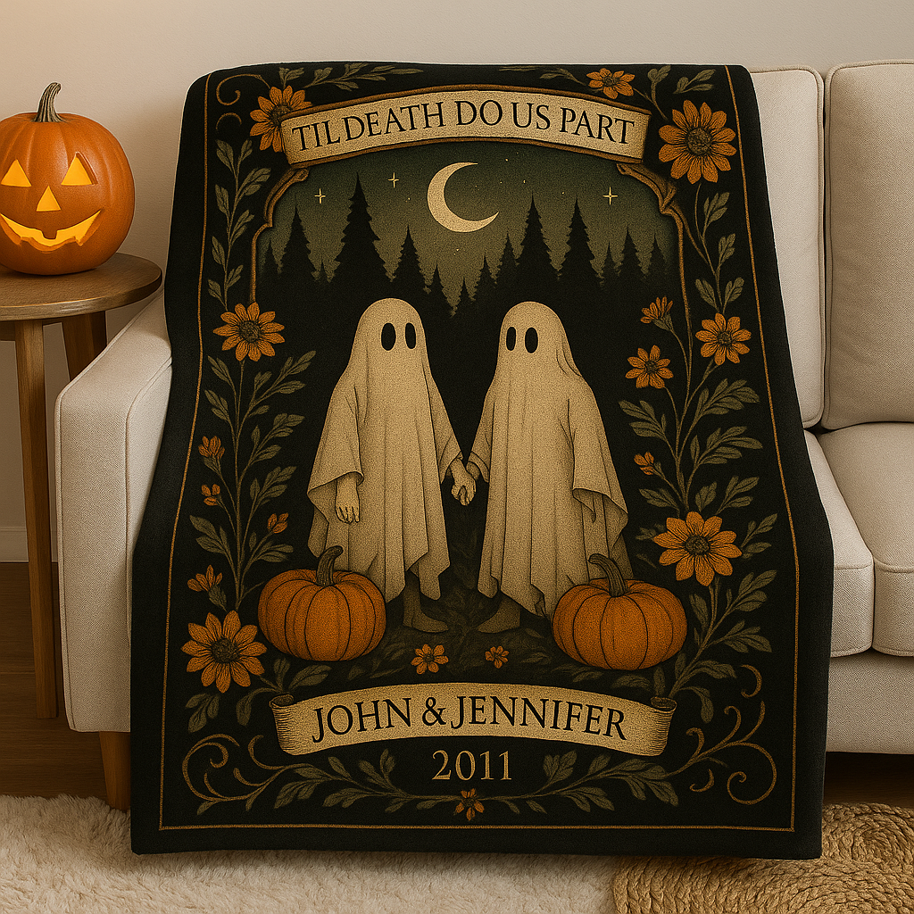 Ghost Lovers Blanket • Personalized Gothic Throw • Spooky Romantic Halloween Anniversary Gift