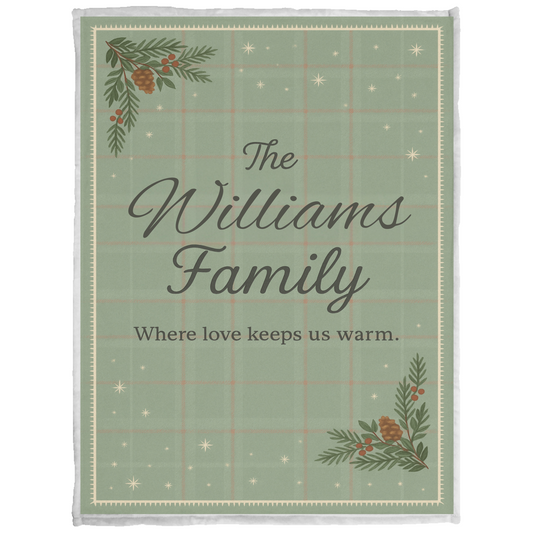 Personalized Family Name Blanket – Sage Green Plaid Christmas Throw | Custom Velveteen Plush Blanket | “Where Love Keeps Us Warm